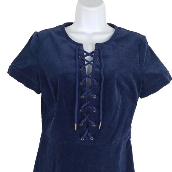 Saylor Billie Corduroy Mini Dress Small Lace Up Short Sleeve Navy Blue‎ DR-1308 - Picture 3 of 7